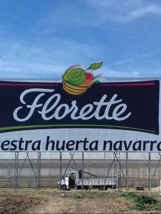 Valla publicitaria corpórea de gran formato con elementos en relieve, destacando la identidad visual de Florette en un entorno agrícola.